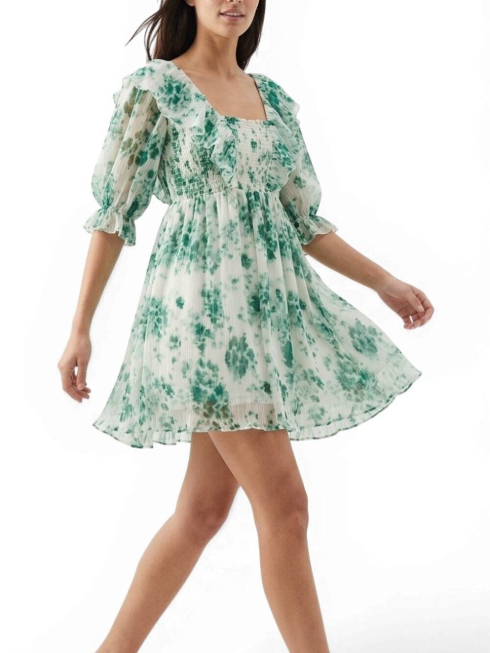 Ganni Pleated Georgette Ruffle Mini Dress Smocked Green Floral